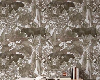 Black cat wallpaper, beige vintage wildlife wall mural, peel and stick wallpaper, removable wallpaper, cheetah wall art - 1927