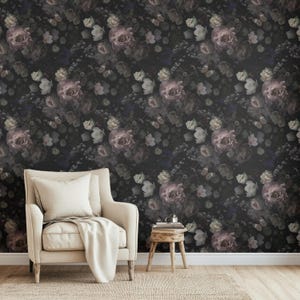Moody floral wallpaper, removable wallpaper, peel and stick dark flower mural, romantic vintage wall art, dramatic bloom decor - 978