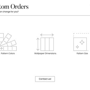 May include: A graphic showing three ways to customize wallpaper orders: pattern colors, wallpaper dimensions, and pattern size. The text "Custom Orders" and "What we can change for you?" is at the top of the image. The text "Contact us!" is at the bottom of the image.