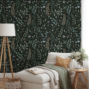 Dark Twigs Wallpaper, Peel and Stick Wallpaper, Green Leaves Wall Art, Modern Wallpaper, Removable Wallpaper, Vinyl Wallpaper, Home Decor