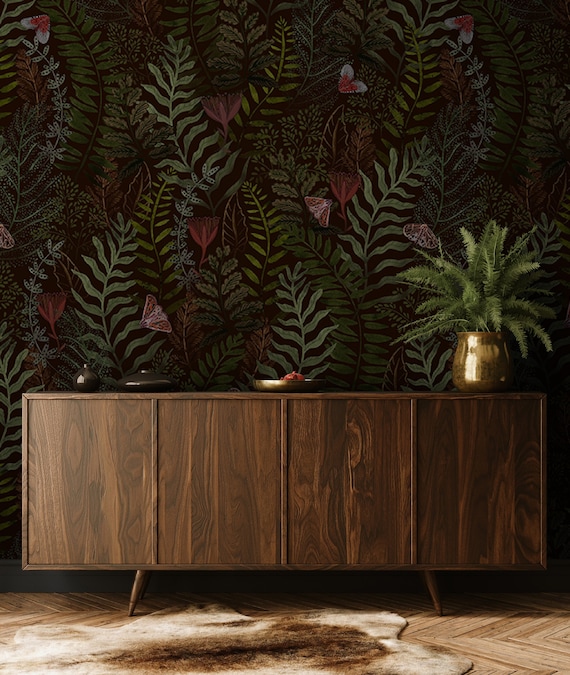 Dark Moody Wallpaper, Red Butterflies, Botanical, Red Butterfly, Ferns, Dark Green Leaves, Jungle Wall Art, Peel and Stick Wallpaper - 1578