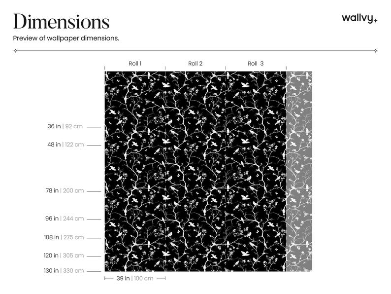 May include: A black and white wallpaper pattern with a repeating design of branches and birds. The wallpaper is shown in three rolls, each measuring 39 inches wide. The dimensions of the wallpaper are shown in inches and centimeters.