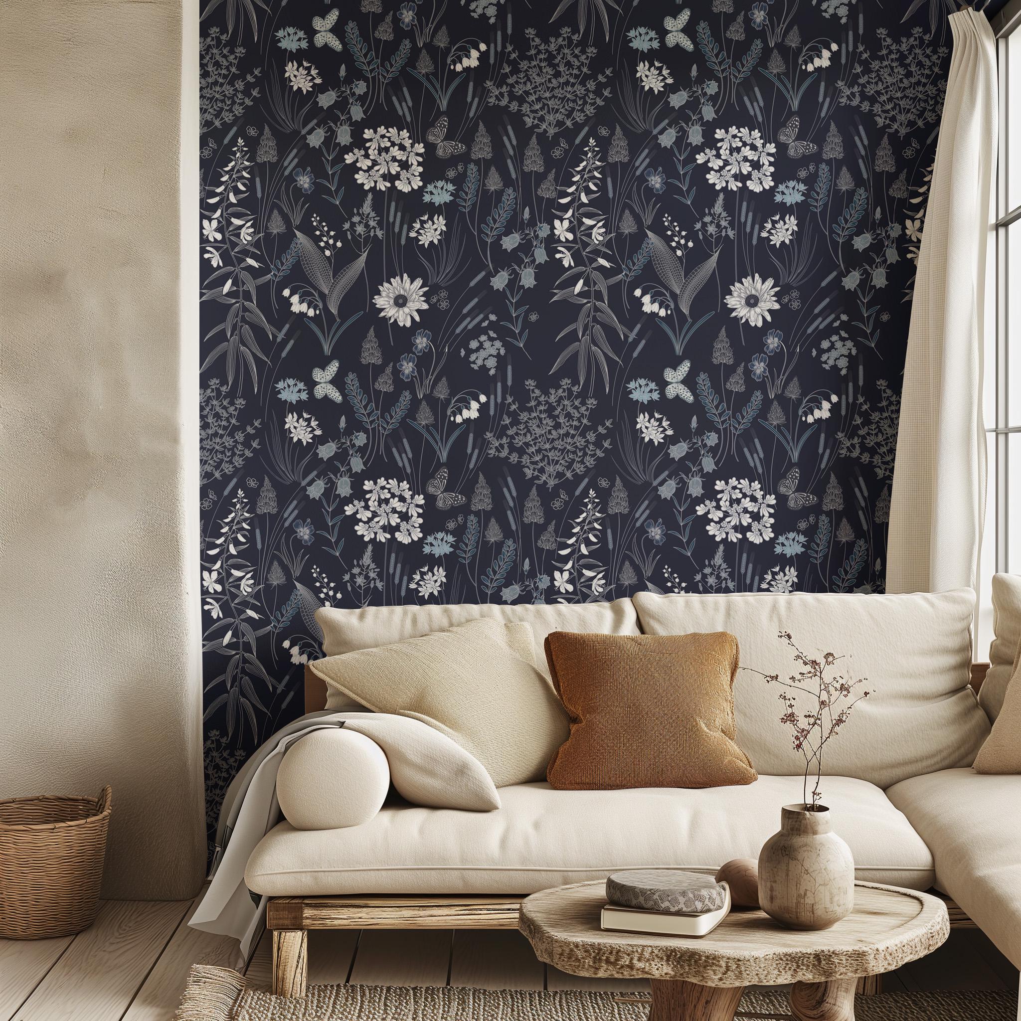 Dark Blue Floral Wallpaper, Peel and Stick Wallpaper, Green Leaves Wall ...