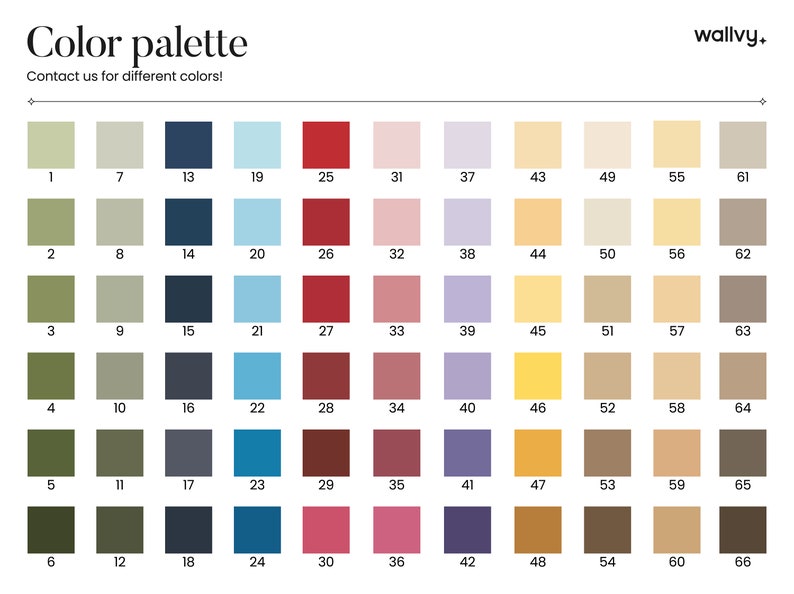 May include: A color palette chart with 66 different color swatches. Each swatch is numbered from 1 to 66. The chart is labeled "Color palette" and "Contact us for different colors!" at the top.
