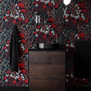 Red Dark Floral Wallpaper, Removable Wallpaper, Gothic Wallpaper, Black Wall Mural, Botanical Vintage Floral Wallpaper - 1404