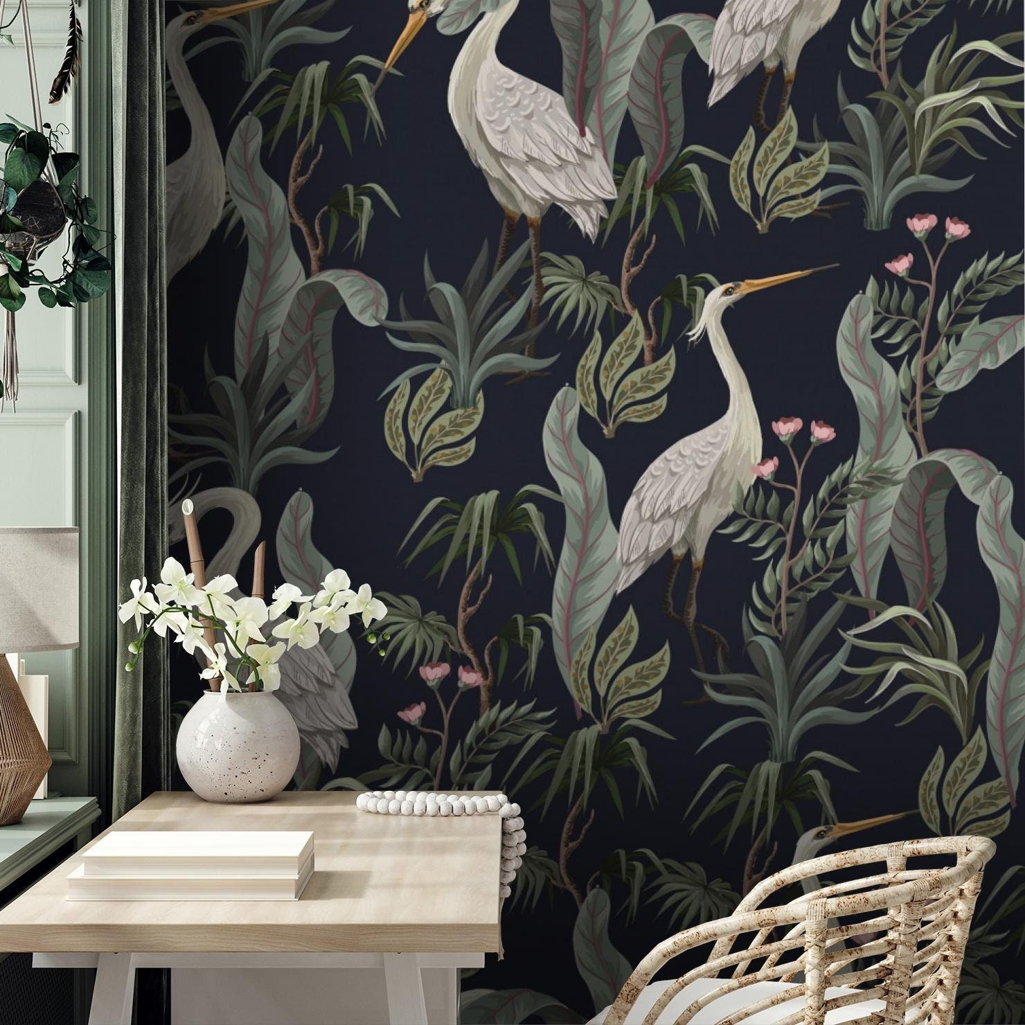 Custom Order for Erin - White Cranes Wallpaper, Large Animal Wallpaper, Navy Blue Wall Art, Botanical Wallpaper -  1085