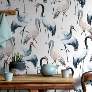 Bird wallpaper, removable wallpaper, peel and stick crane wall art, watercolor birds mural, elegant nature decor, japandi style - 203