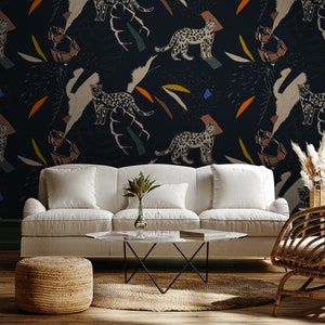 Cheetah Wallpaper, Vintage Home Decor, Black Background, Exotic Wall Decor, Removable Wallpaper, Peel and Stick Wallpaper, Wild Cat - 1066
