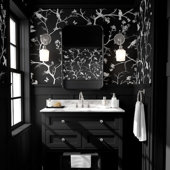Black Nature Wallpaper, Black Wallpaper, Bird Wallpaper, Black and White, Sparrow, Tree Wallpaper, Peel and Stick Removable Wallpaper - 1312