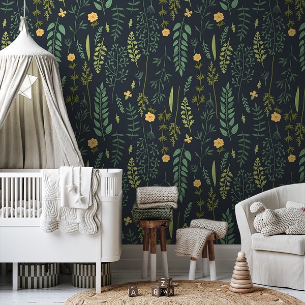 Wild Nature Wallpaper, Removable Wallpaper, Peel and Stick, Green Twigs and Yellow Flowers Wall Art, Dark Green Wallpaper, Room Decor - 1492