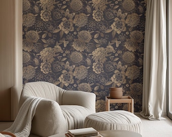 Gold floral wallpaper, peel and stick navy wall mural, elegant vintage flower print, moody removable decor, dark botanical style - 1443