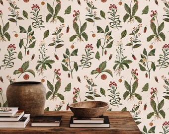 Botanical Herbs and Roots Removable Wallpaper, Vintage Plant Wall Decor, Peel and Stick Wall Mural, Herbal Cottage Decor Wallpaper - 1969