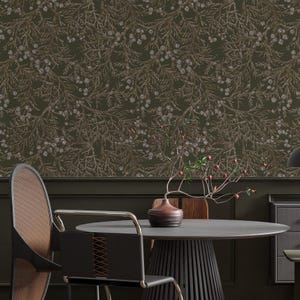 Botanical pine twigs, pine tree wallpaper, dark green botanical moody wallpaper, peel and stick removable wallpaper, evergreen branch - 1926