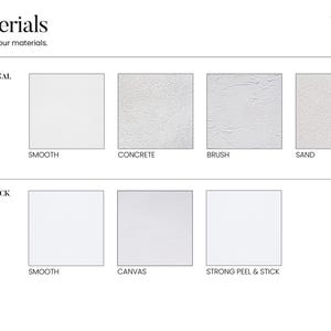 May include: A chart showing different wall covering materials. The materials are divided into two categories: Traditional and Peel & Stick. The Traditional category includes Smooth, Concrete, Brush, and Sand. The Peel & Stick category includes Smooth, Canvas, and Strong Peel & Stick.