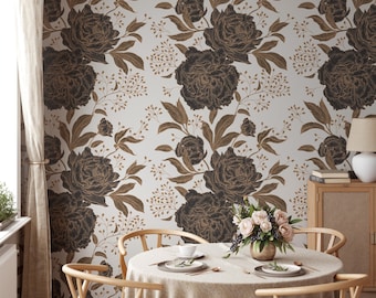 May include: A dining room with a white wallpaper featuring a black and brown floral pattern. The wallpaper has a large-scale floral design with peonies and leaves. A wooden table with a beige tablecloth is set with plates, silverware, and a vase of flowers.