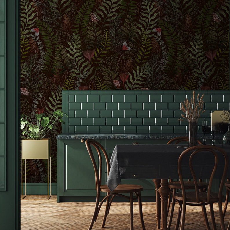 Dark Moody Wallpaper, Red Butterflies, Botanical, Red Butterfly, Ferns, Dark Green Leaves, Jungle Wall Art, Peel and Stick Wallpaper - 1578 image 4