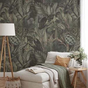 Leopard Wall Art, Jungle Wallpaper, Green Wallpaper, Botanical Wall Art, Dense Jungle, Large Leaves, Green Watercolor Wallpaper - 1010