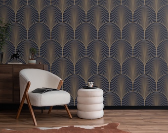 Vintage Art-Deco-Tapete, Abnehmbare Tapete, Tapete zum Abziehen und Aufkleben, Luxuriöse Tapete, Dunkles Dekor, Elegantes Dekor, Vintage Bögen - 886