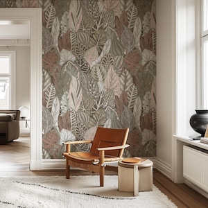 Large earth tones leaves wallpaper, green botanical nature wall art, large leaves, vintage leaves wallpaper - 1022