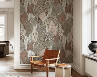 Papier peint de grandes feuilles de tons de terre, art mural botanique vert de nature, grandes feuilles, papier peint de feuilles de cru - 1022
