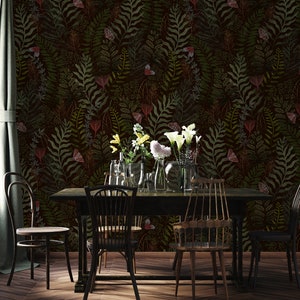 Dark Moody Wallpaper, Red Butterflies, Botanical, Red Butterfly, Ferns, Dark Green Leaves, Jungle Wall Art, Peel and Stick Wallpaper - 1578 image 3