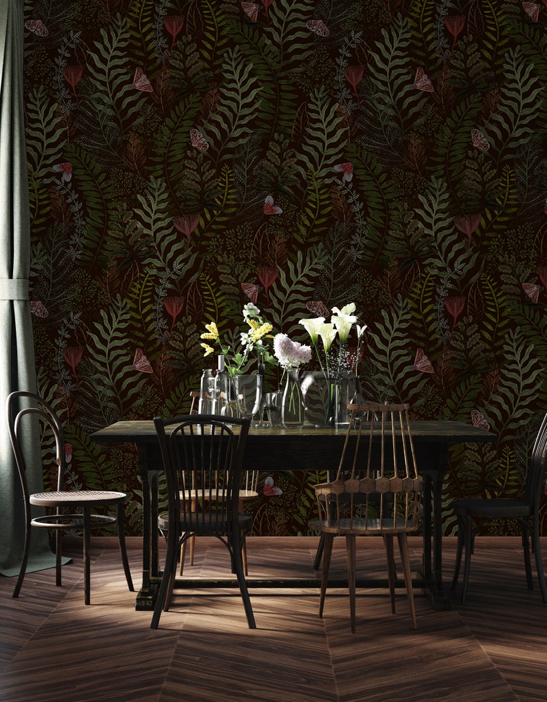 Dark Moody Wallpaper, Red Butterflies, Botanical, Red Butterfly, Ferns, Dark Green Leaves, Jungle Wall Art, Peel and Stick Wallpaper - 1578 image 3