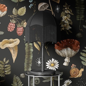 Wald Tapete, Pilz, Wald Tapete, Schwarze Wandkunst, Natur, Tapete mit Dunklem Thema, Ablösbare Tapete - 1543