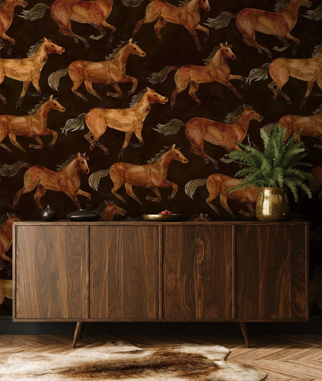 Horse Wallpaper, Dark Background Wallpaper, Watercolor Animal Wall Art