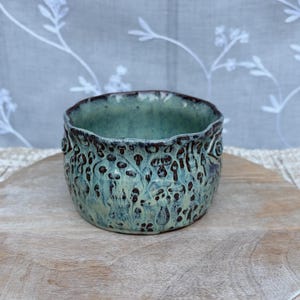 May include: A small, round ceramic bowl with a wavy rim, featuring a mottled light green and blue glaze. The exterior surface is decorated with a repeating dark brown pattern of small mushroom shapes and stylized eye motifs on the sides.