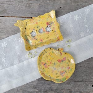 Gift Set- Soap Dish & Apple Plate, yellow with a faint butterfly pattern, hand-built stoneware made by Annie at Delighted Owl Pottery.