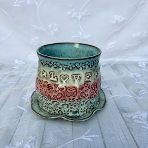 Love Planter, Medium Sized; turquoise, yellow, & pink with a flower, owl, bird pattern; hand-built ceramic stoneware.