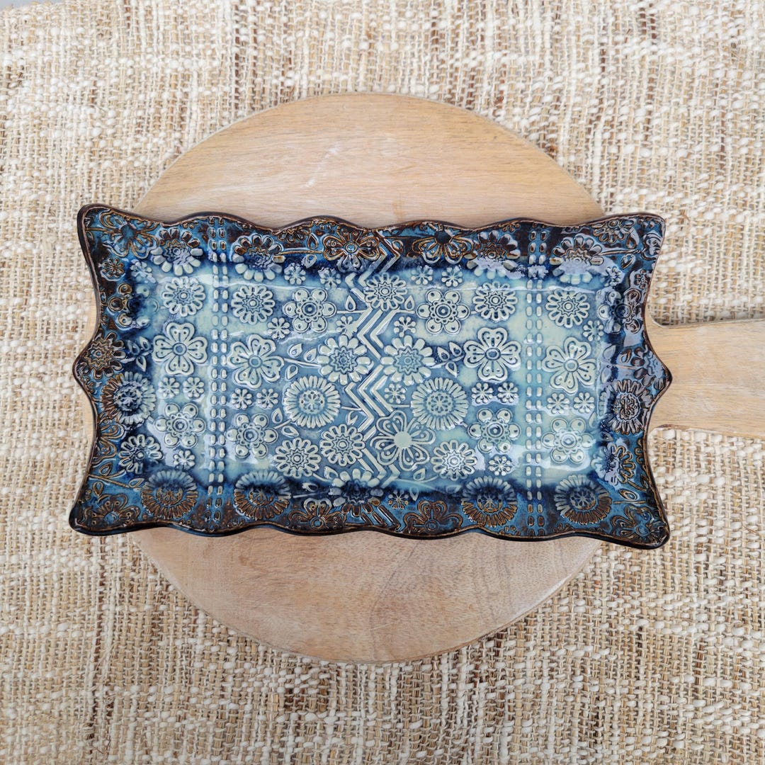 Rectangle Plate or Tray; Blue & Brown With a Flower Pattern; 9.75