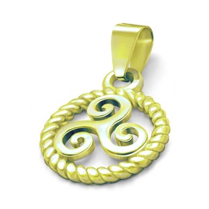 May include: A gold-colored pendant featuring a Celtic knot design with a rope-like border. The pendant has a loop at the top for attaching to a chain.