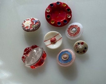 Collection vintage de boutons en verre -- Boutons peints en bleu et rouge -- Lot 7