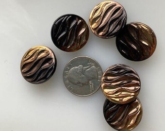 Vintage Czech Glass Buttons -- 7/8" Black and Gold Wash Swirls (6)