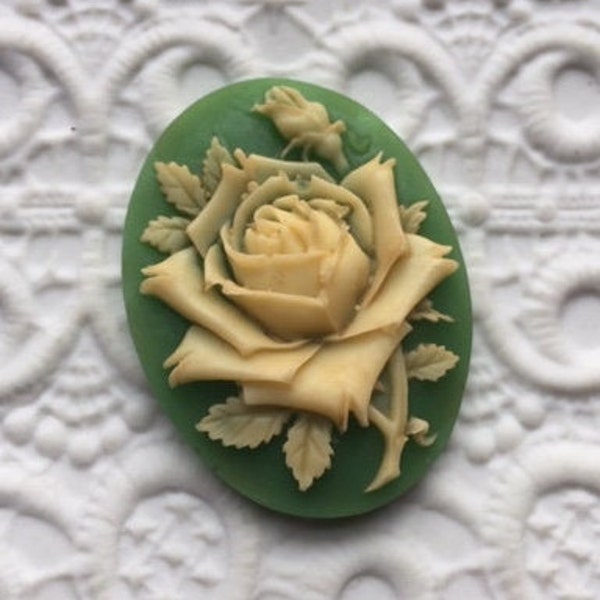 Vintage Rose Cabochon -- Ivory on Jadeite Green --  30 by 40 mm (1)