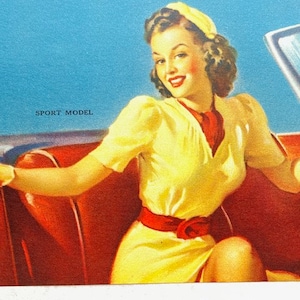 Vintage Gil Elvgren Pinup &quot;Sport Model&quot; Adorable Brunette in a Convertible 1940s