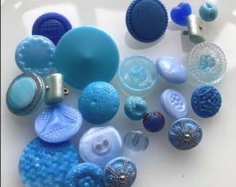 Lot of 24 Mixed Vintage Glass Button Collection -- Assorted Blue & Aqua Buttons -- Lot 12.7.A