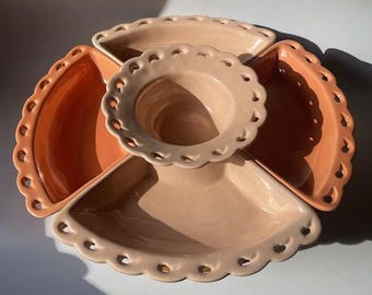 Mid-Century Scalloped Edges Peach and Coral California Pottery Chip & Dip with Lazy Susan