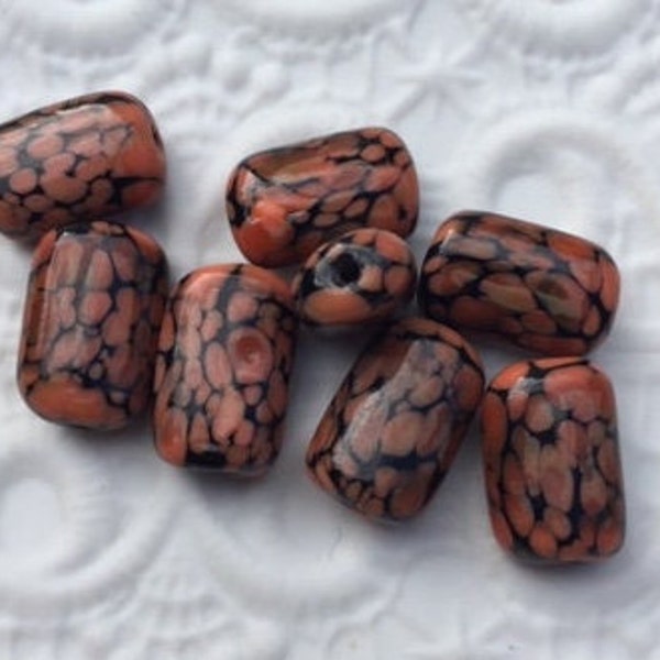 Vintage Japanese Lampwork Glass Beads -- Pumpkin Orange and Black -- Rounded Rectangles (4)