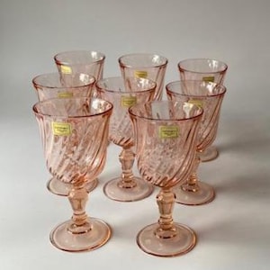 Set of 8 vintage LUMINARC Arcoroc ROSALINE Swirl wine goblets glasses Vintage 1970s 1980s barware drinkware Original Labels