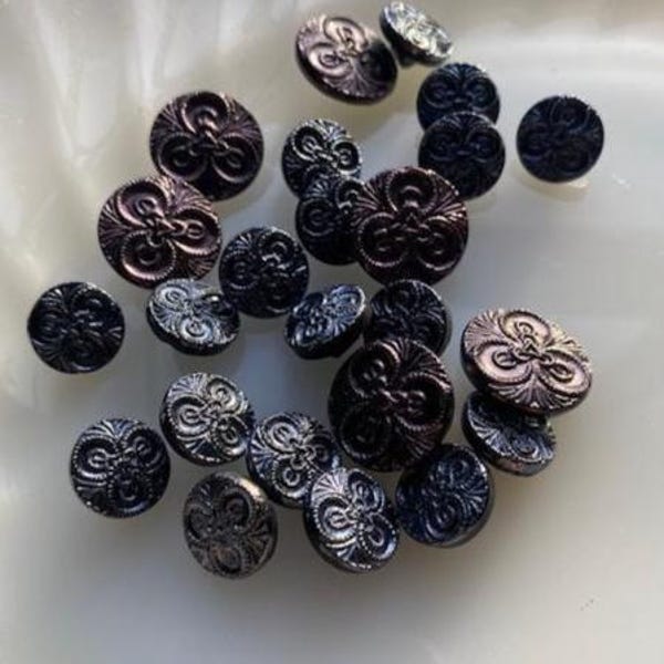 24 Vintage Czech Black Glass Buttons --  Iridescent Shamrocks -- Lot 12.28.F