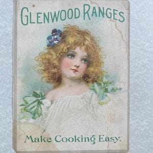 Vintage bunte viktorianische Handelskarte Kind-Mädchen GLENWOOD RANGES Öfen Springvale Maine