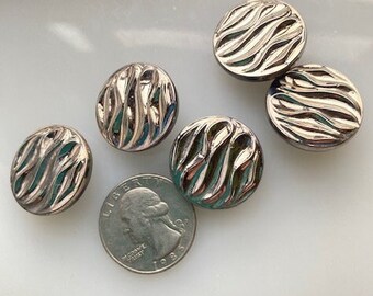 Vintage Czech Buttons -- 7/8" Black Glass Swirls with Silver (5)