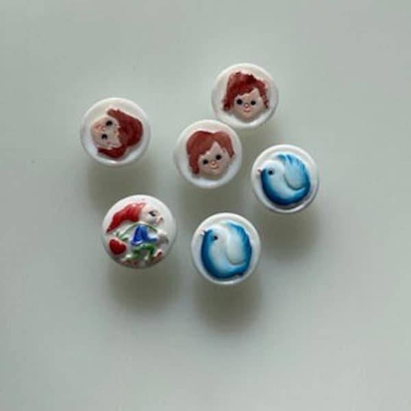 Vintage Glass Button Collection-- Cute Handpainted Buttons, kids, birds, gnome --  Lot 6