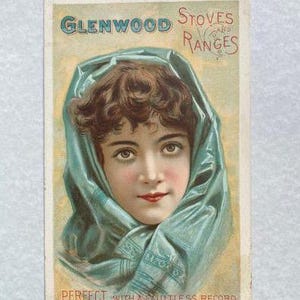 Vintage bunte viktorianische Trade Card Lady Mädchen blauen Schal GLENWOOD ÖFEN & RANGES Medfield und Athol Mass