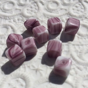 Vintage German Glass Beads -- Dainty 8 mm Purple and White Cubes (6)