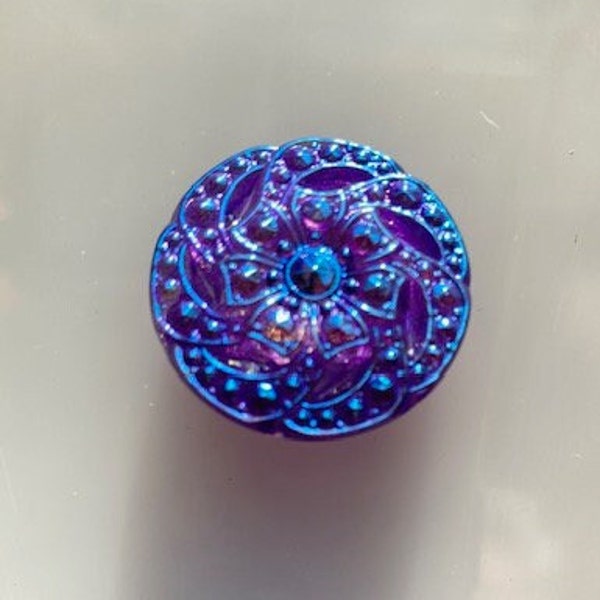 1" Fancy Czech Glass Button -- Iridescent Blue Floral Starburst