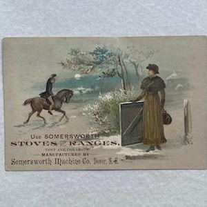 Vintage bunte viktorianische Handelskarte Frau Mann Pferd SOMERSWORTH Stoves & RANGES Dover NH