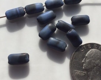 Vintage German Satin Glass Beads -- 6 by 10 mm Indigo & Black rounded rectangles (6)